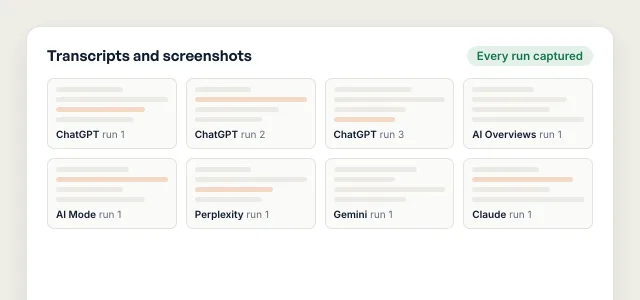 Illustrative evidence appendix: a grid of captured answer screenshots labelled by surface and run.