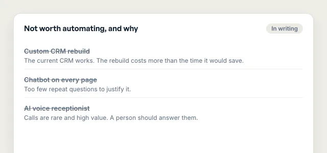 Illustrative list of three ideas judged not worth automating, each with the reason written beside it.